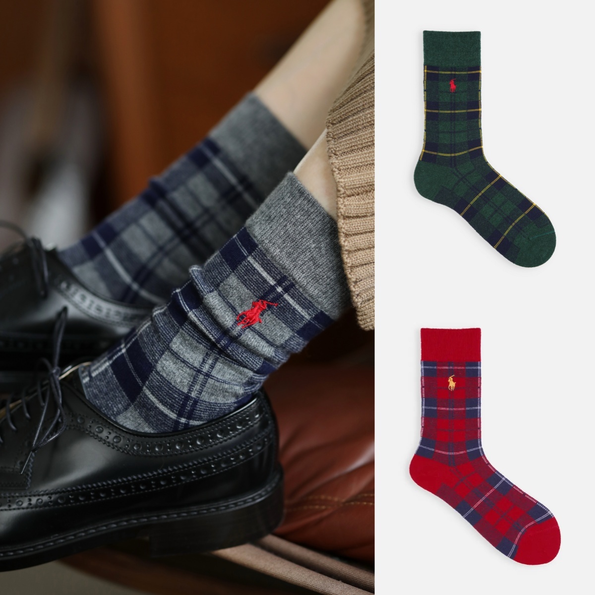 預購┃日本製 男女款 POLO RALPH LAUREN 羊毛混紡 格紋 刺繡 logo 長襪