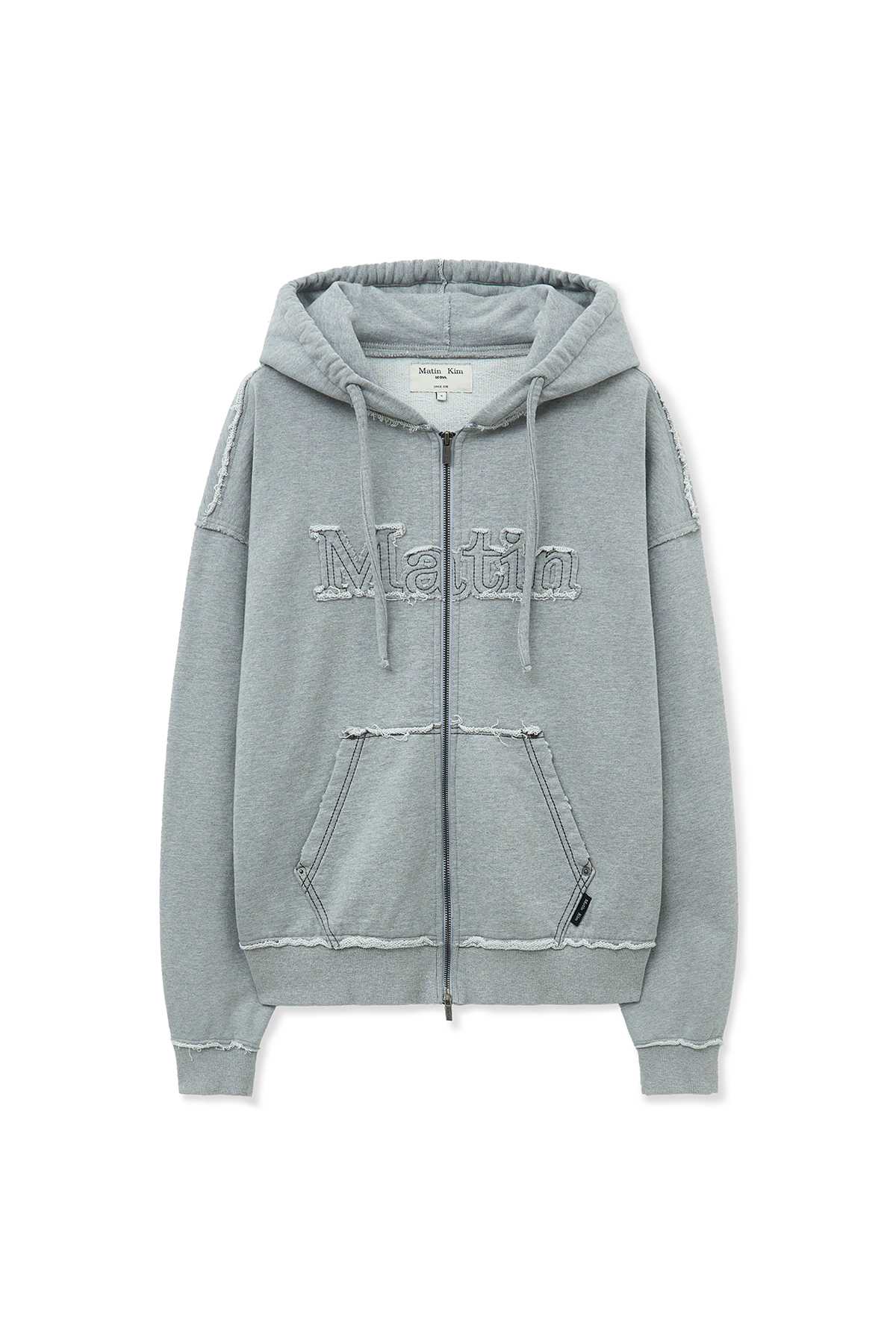 毛邊布貼連帽拉鍊外套 灰色