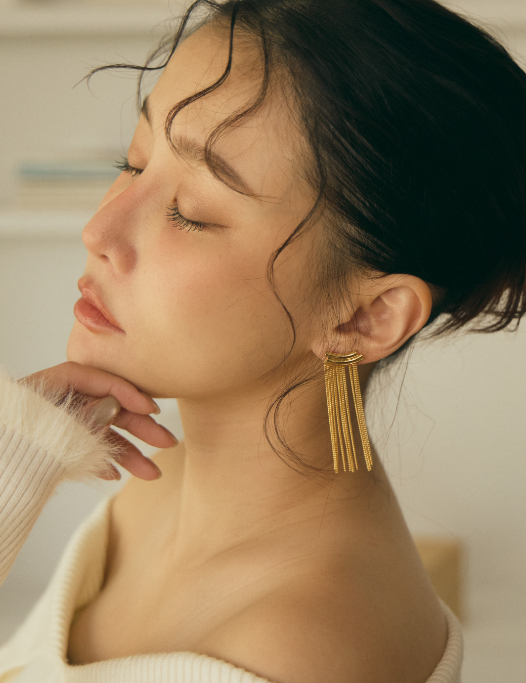 垂墜流蘇貼耳耳環（金色）