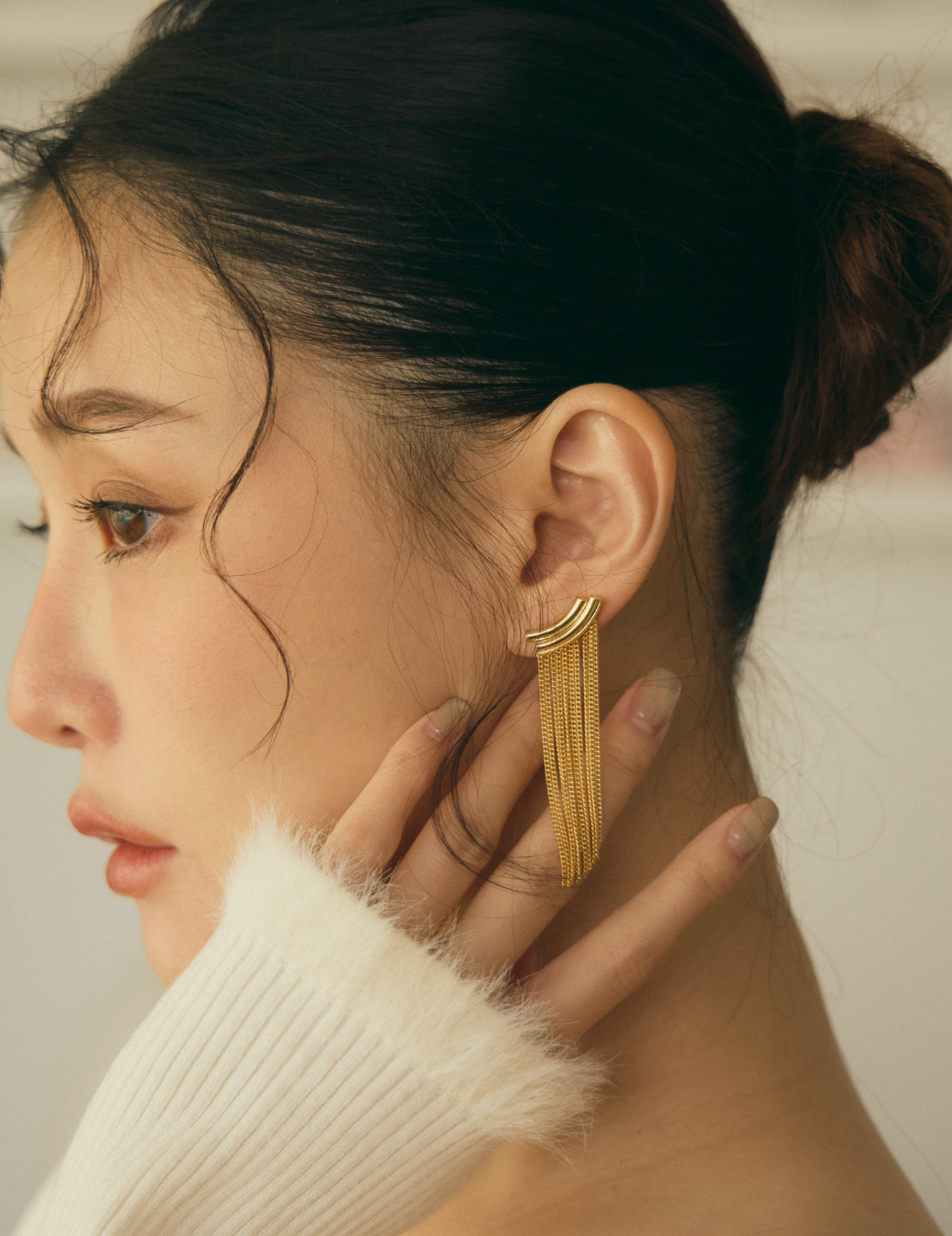 垂墜流蘇貼耳耳環（金色）