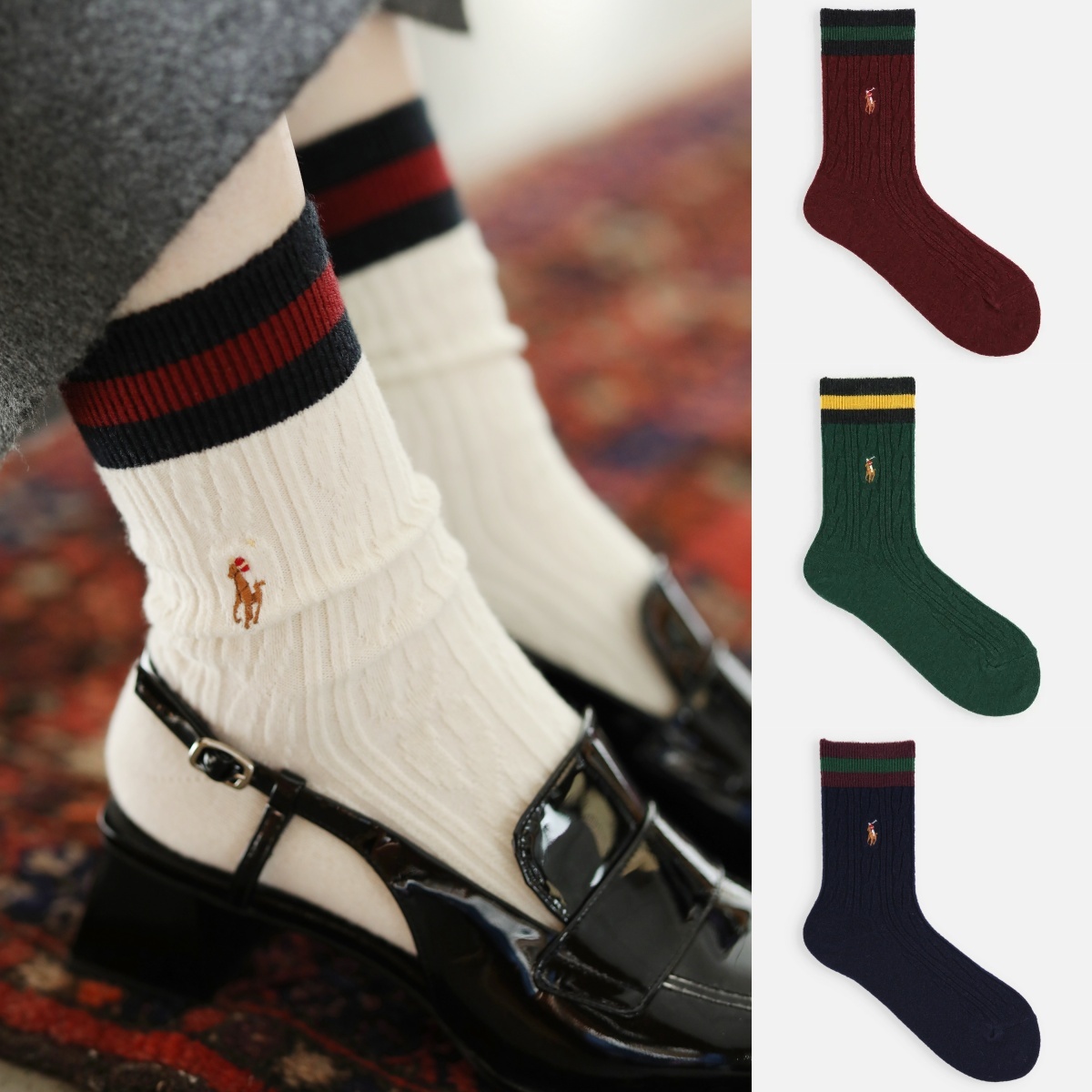 預購┃日本製 男女款 POLO RALPH LAUREN 羊毛混紡 麻花 刺繡 logo 長襪