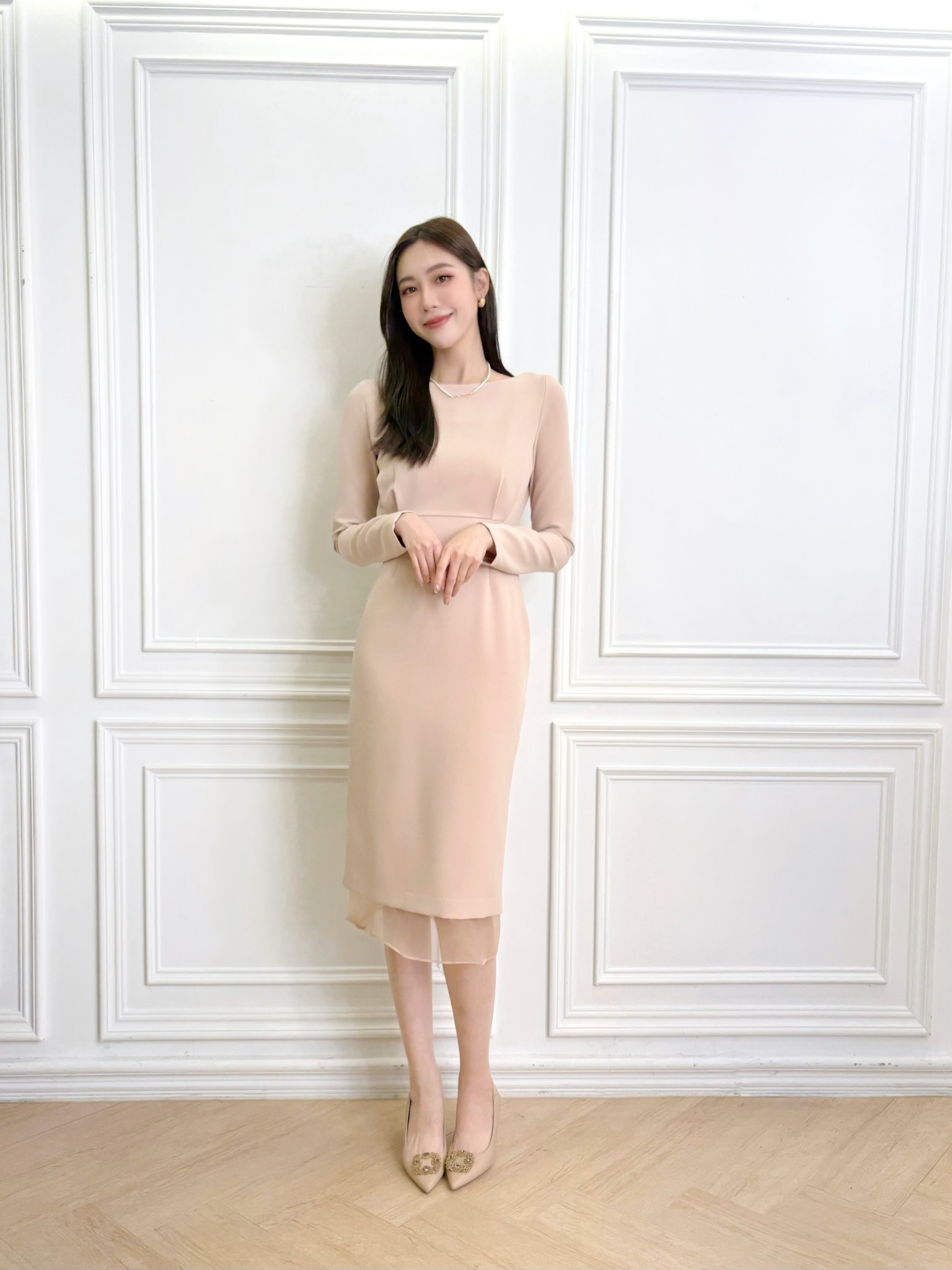 圓領下擺透紗合身洋