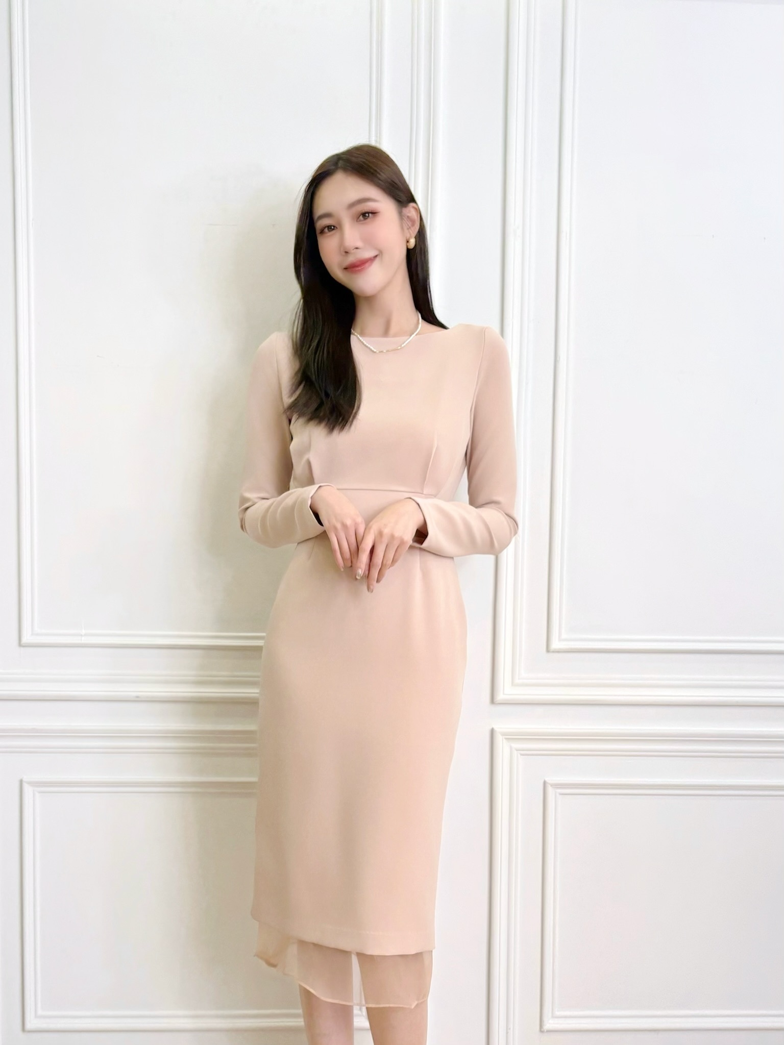 圓領下擺透紗合身洋