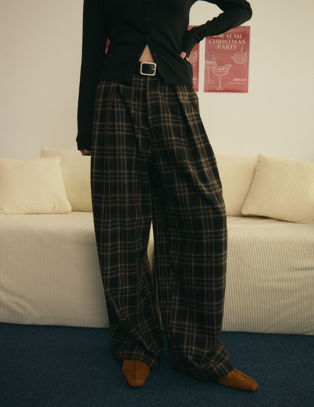 格紋毛呢皮帶寬褲（3尺寸）
