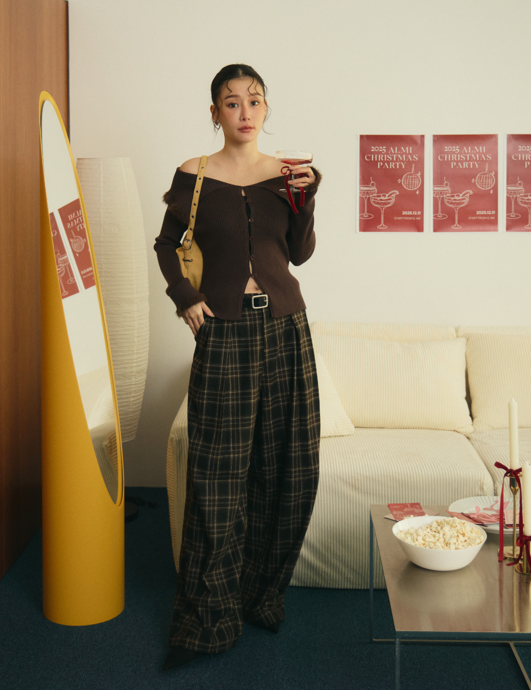 格紋毛呢皮帶寬褲（3尺寸）