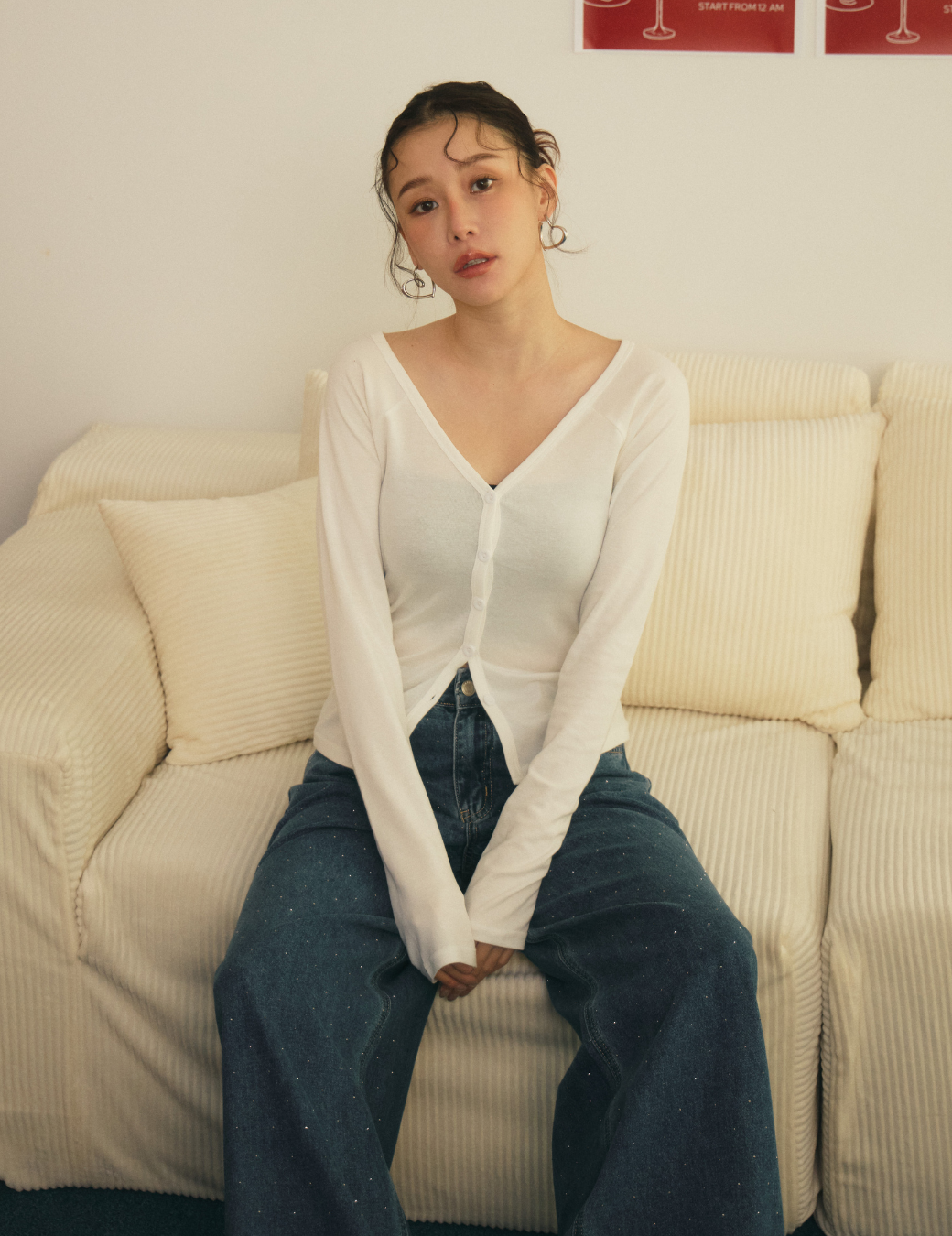 V領排扣百搭上衣（白色/3尺寸）