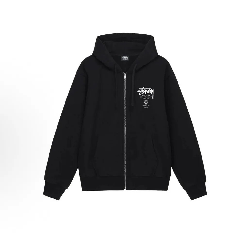 -(B010)-STUSSY WORLD TOUR ZIP HOODED SWEATSHIRT 草寫 LOGO 世界巡迴 連帽外套 黑/灰色-25C3973962