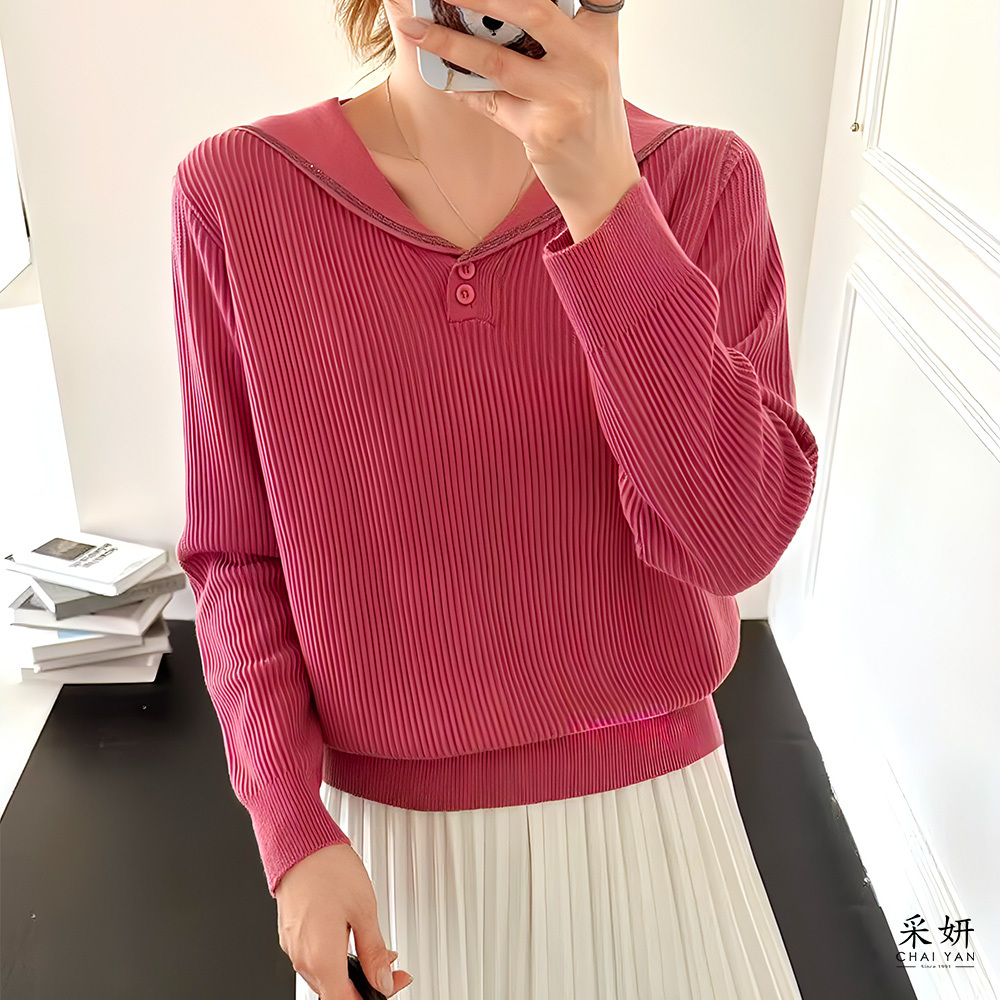 水鑽海軍領針織長袖上衣