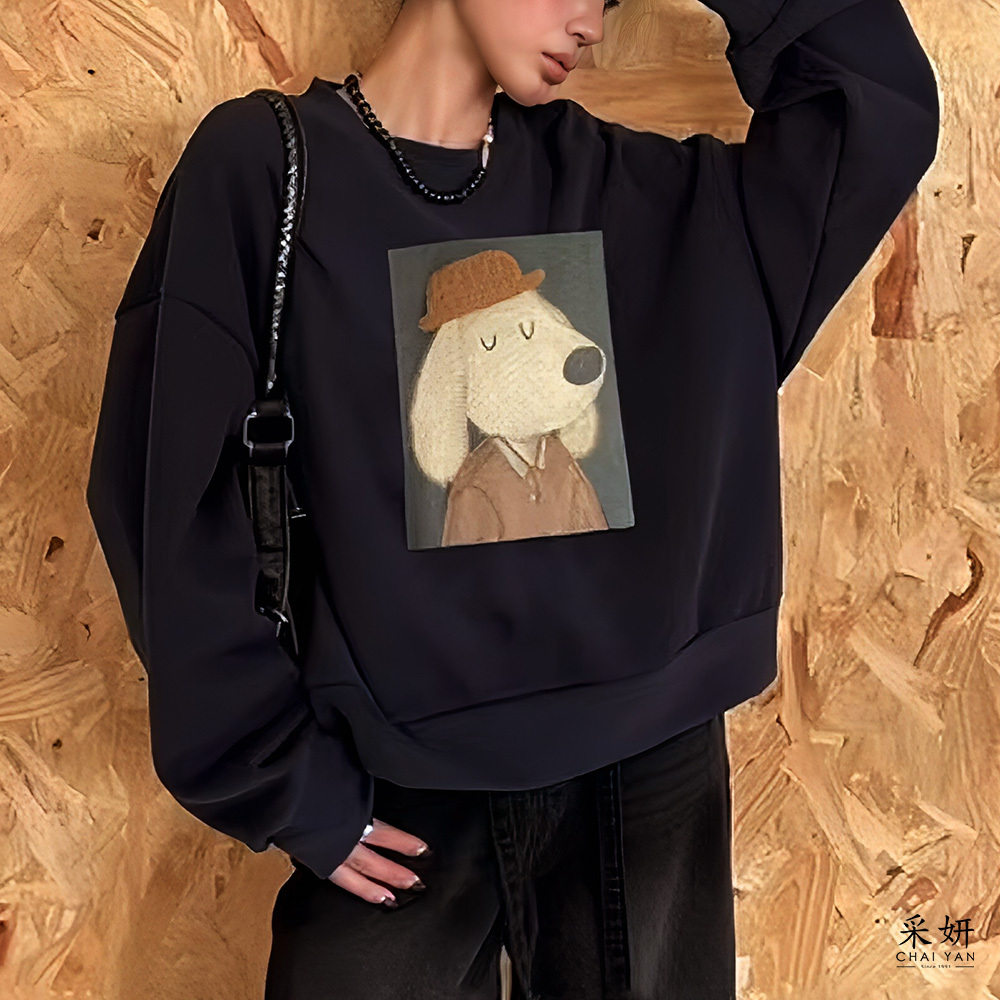 空氣棉狗狗縫線印花長袖上衣