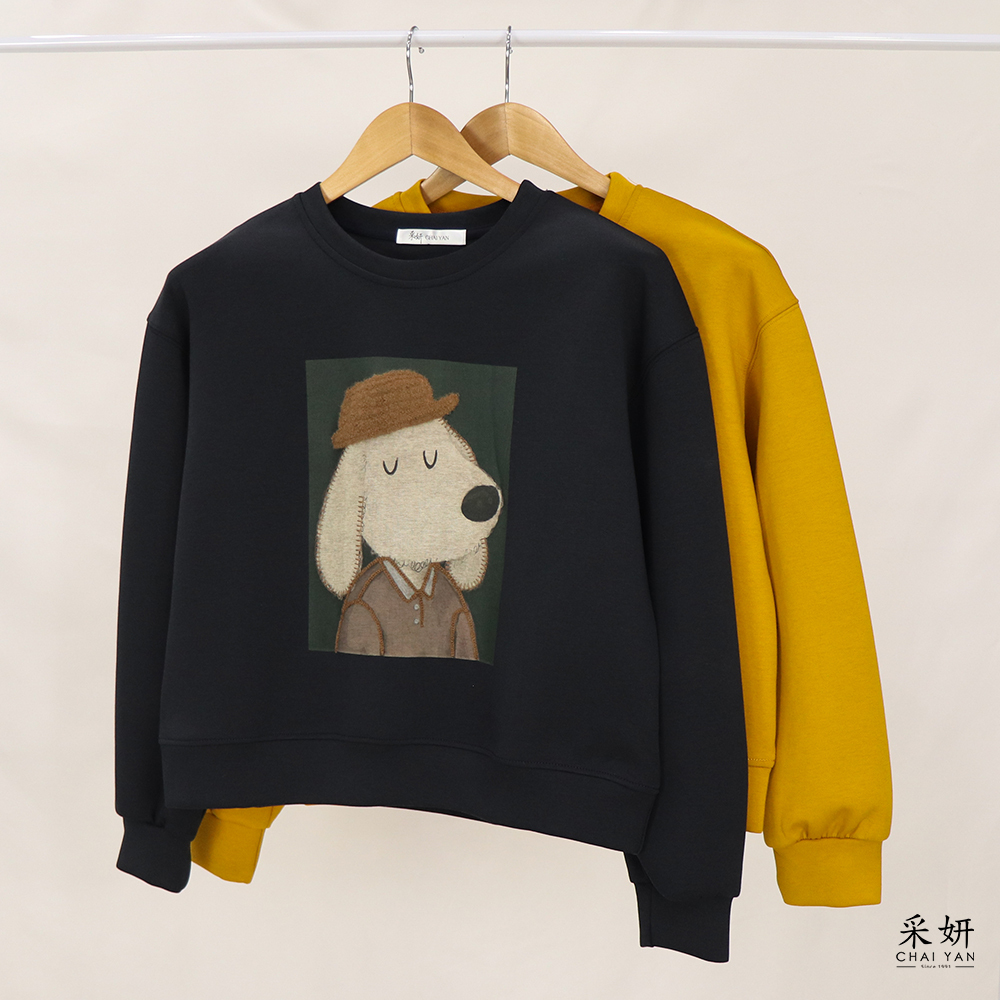 空氣棉狗狗縫線印花長袖上衣