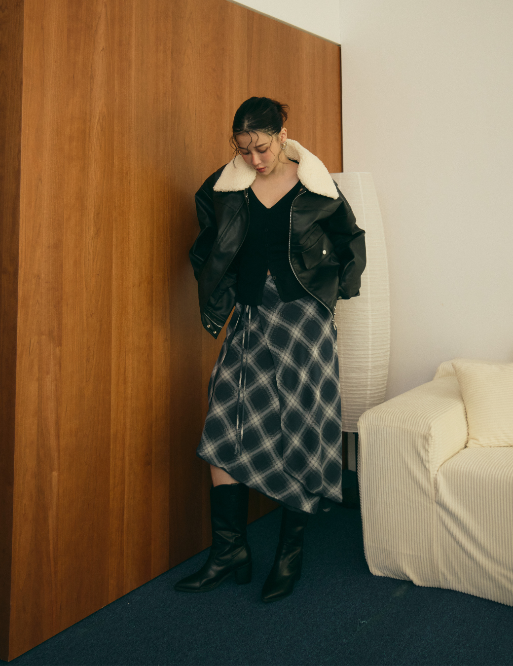 輕紗不對稱綁帶格紋裙（3尺寸）