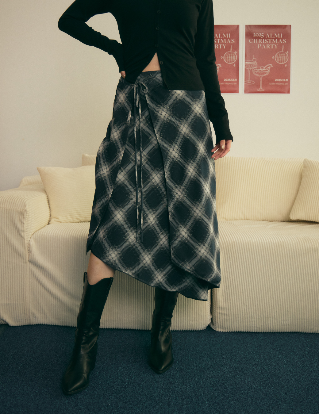 輕紗不對稱綁帶格紋裙（3尺寸）