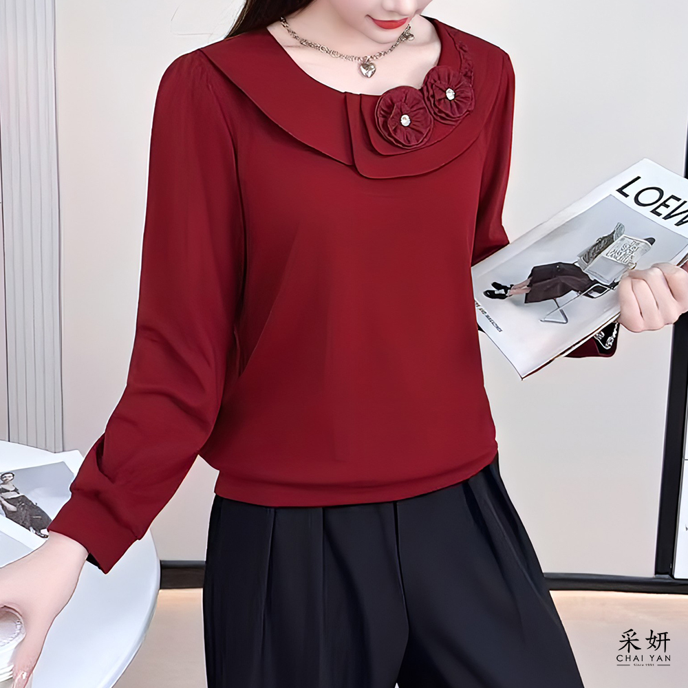 水鑽蝴蝶花朵荷葉領長袖上衣