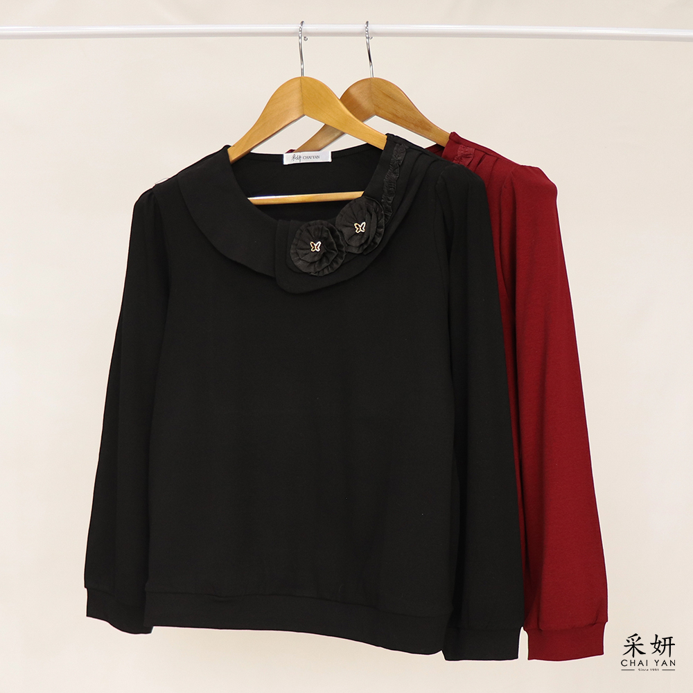 水鑽蝴蝶花朵荷葉領長袖上衣