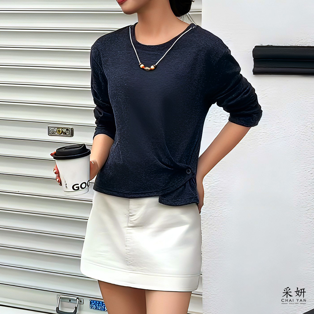 抓皺項鍊粗紡線親膚長袖上衣