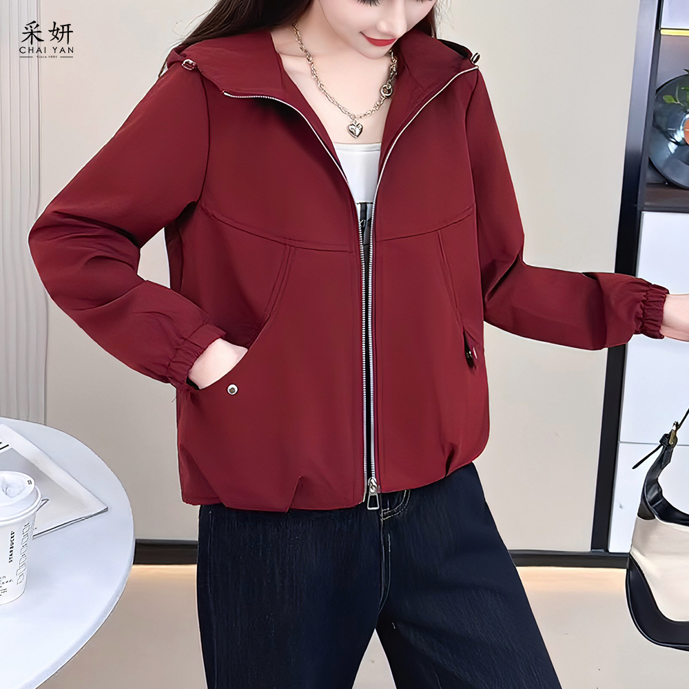 素色簡約弧形口袋抽繩連帽防風外套