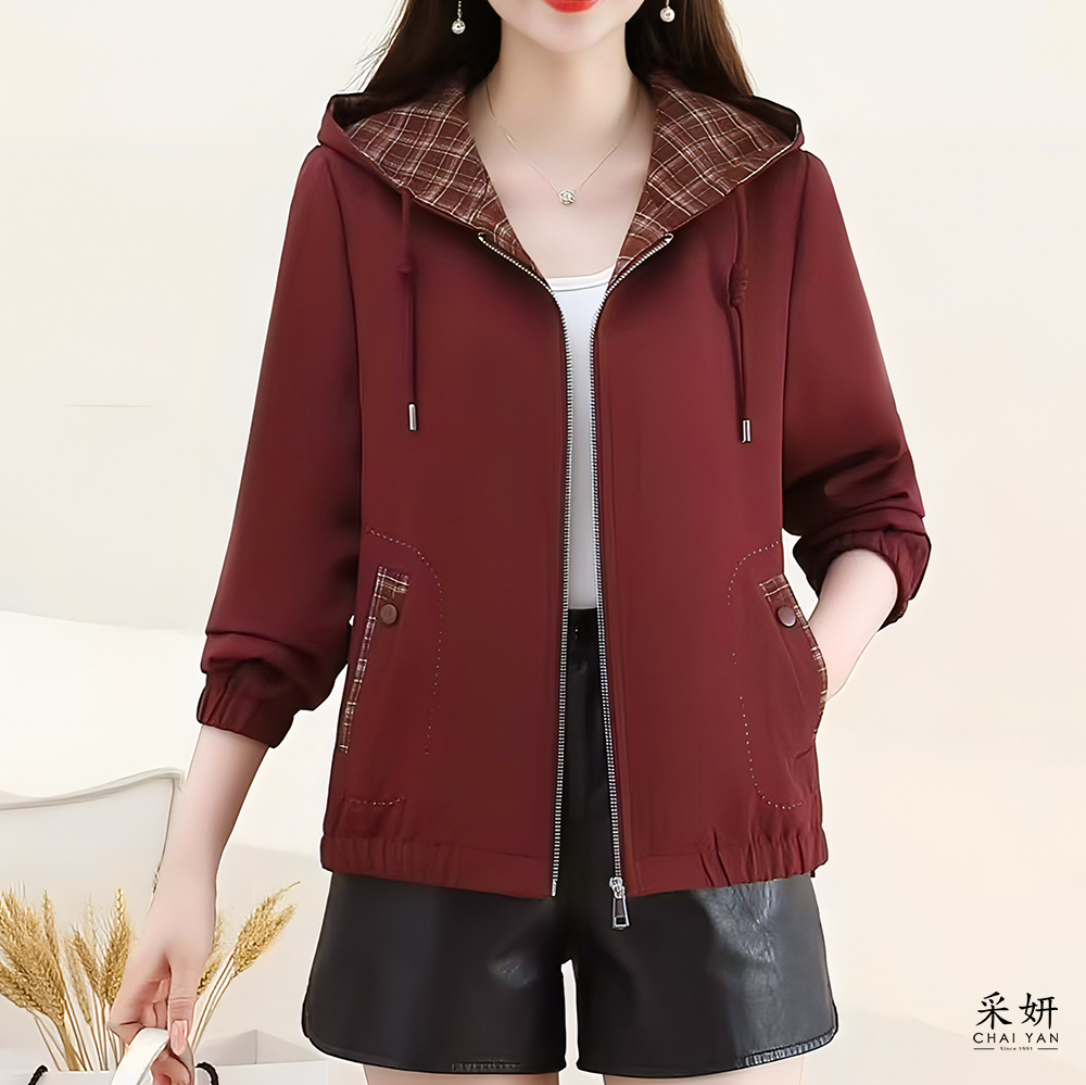 格紋滾邊內襯抽繩連帽防風外套