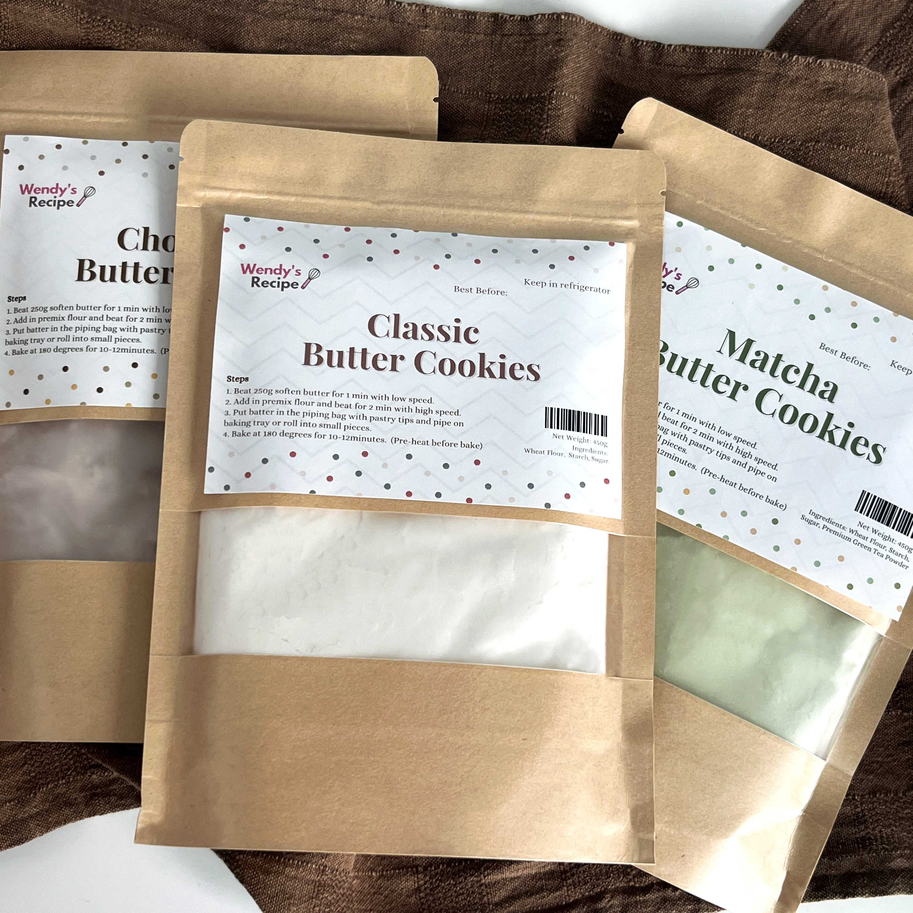 PRE-ORDER【Wendy's Recipe Butter Cookies Premix】1 set 3 flavour Classic Original Matcha Chocolate 牛油饼干预拌粉