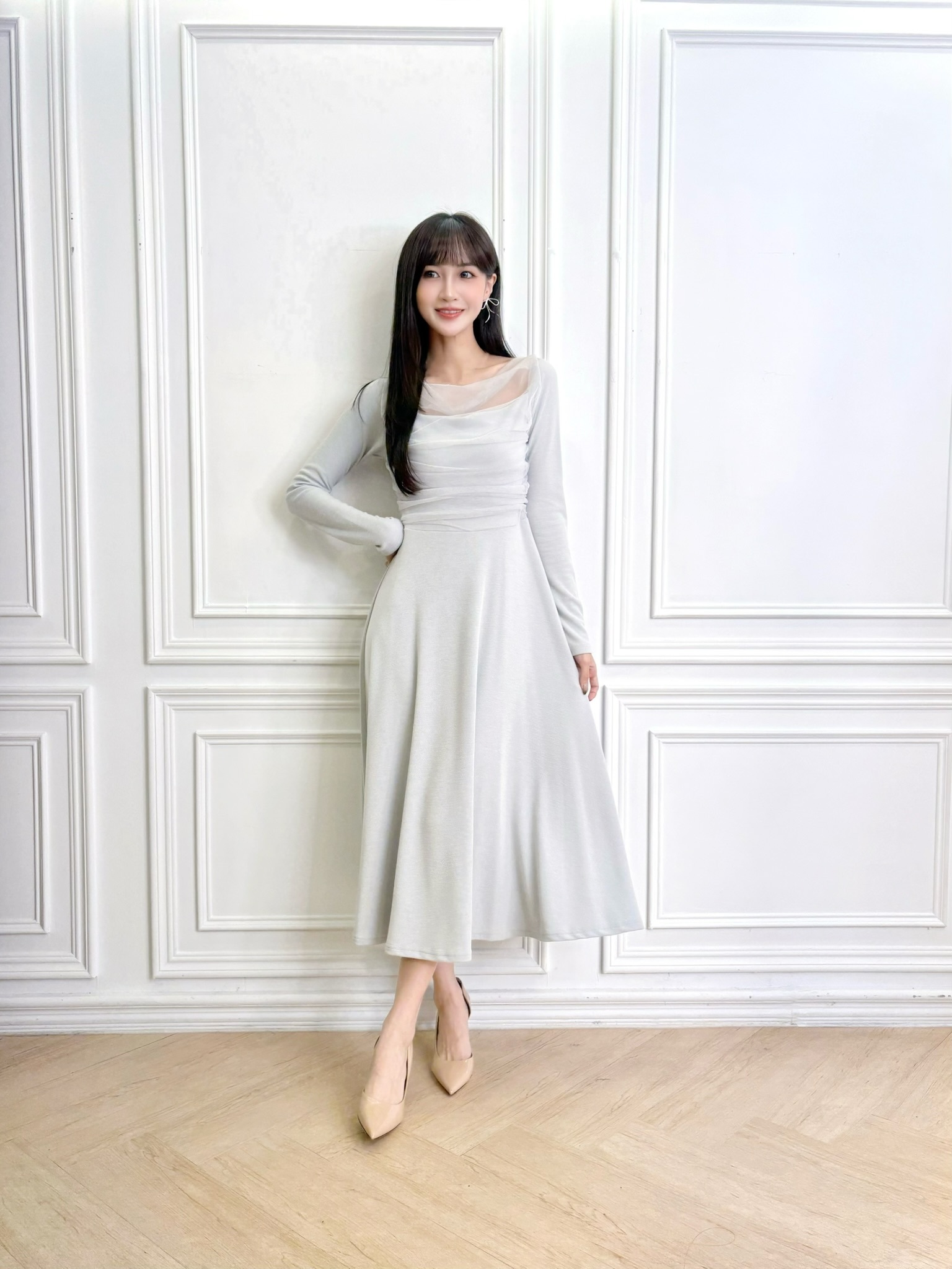 垂墜抓褶透紗傘洋