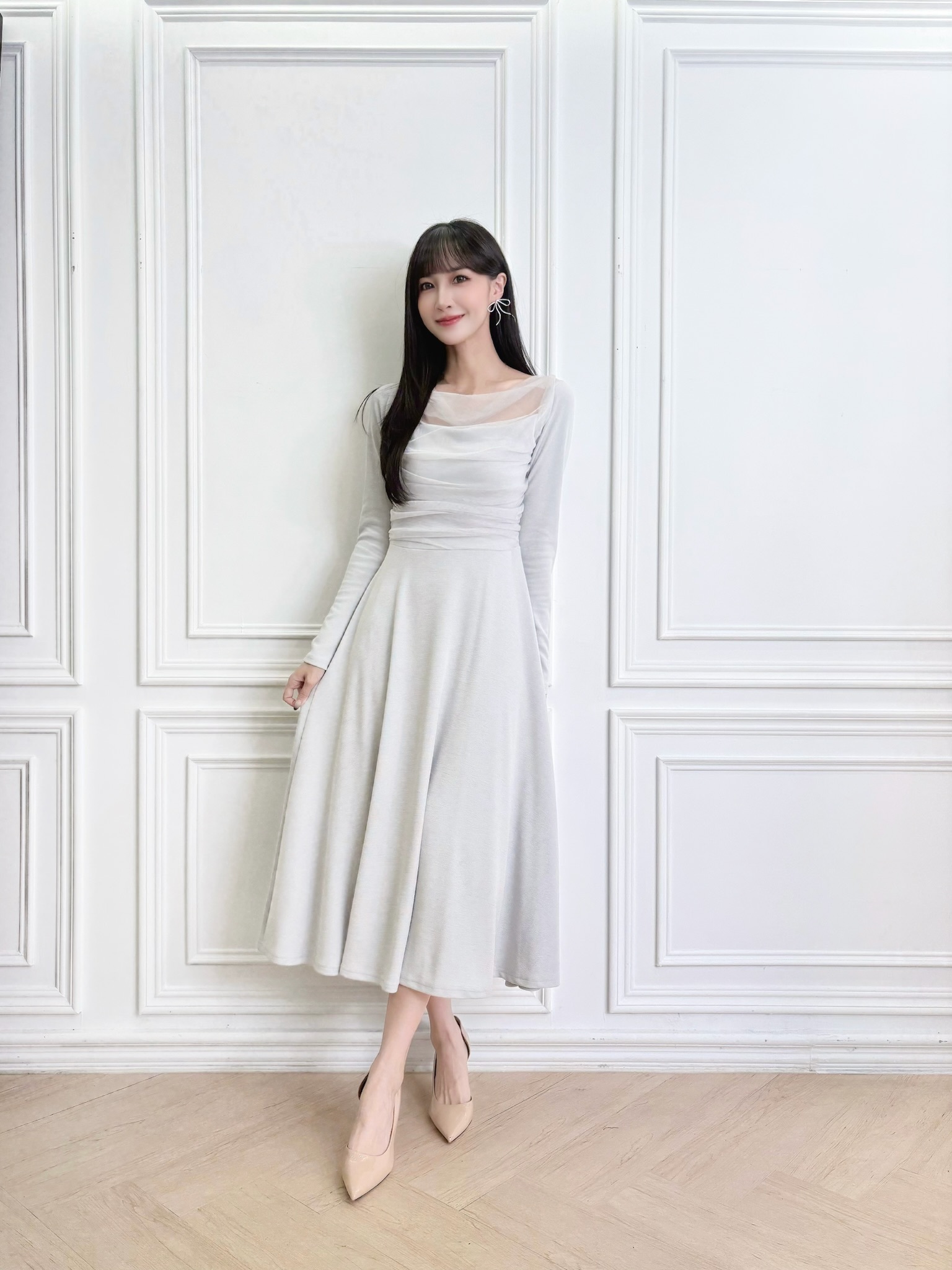 垂墜抓褶透紗傘洋