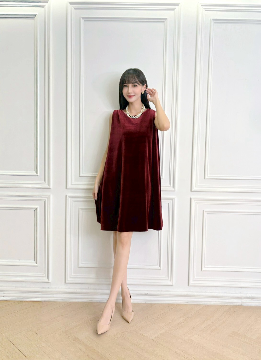 熱紅酒!後露背綁帶絲絨背心洋