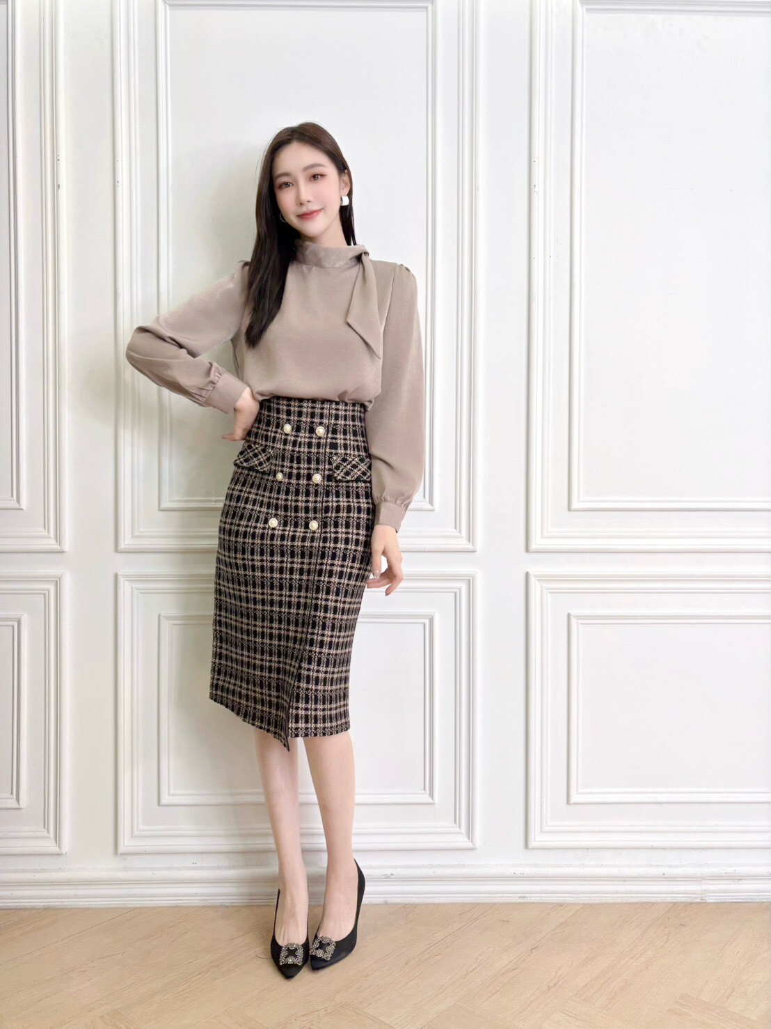 側短領巾絲絨上衣