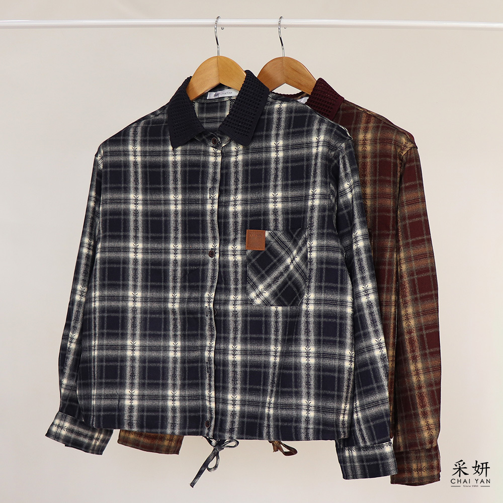 毛呢格紋羅紋針織領襯衫外套