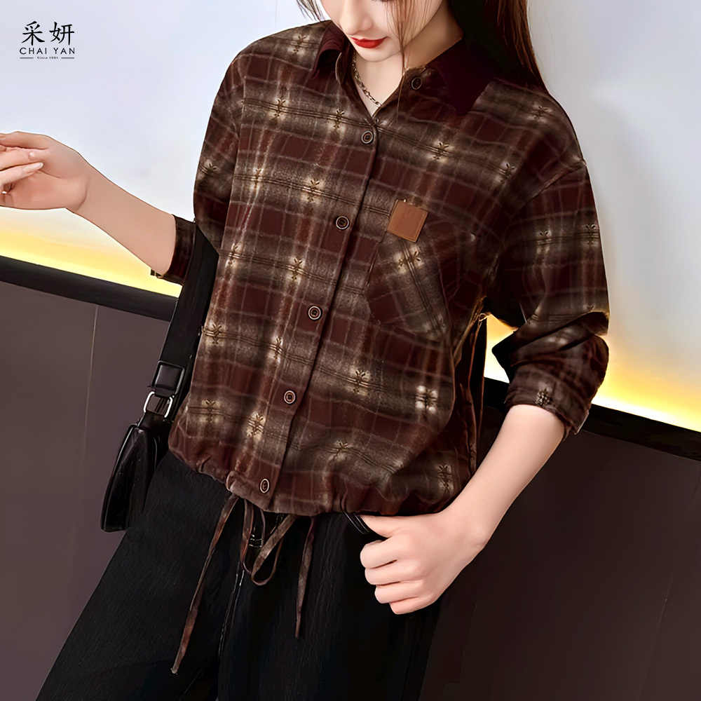 毛呢格紋羅紋針織領襯衫外套