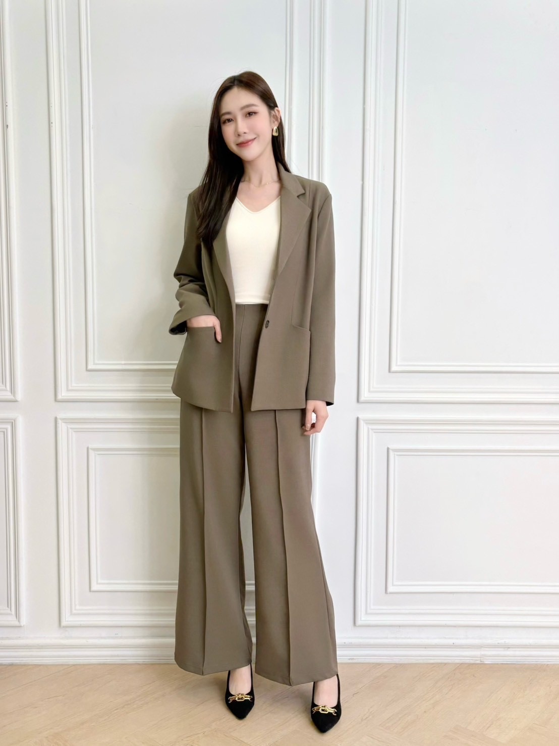 前打褶線寬鬆西裝套裝