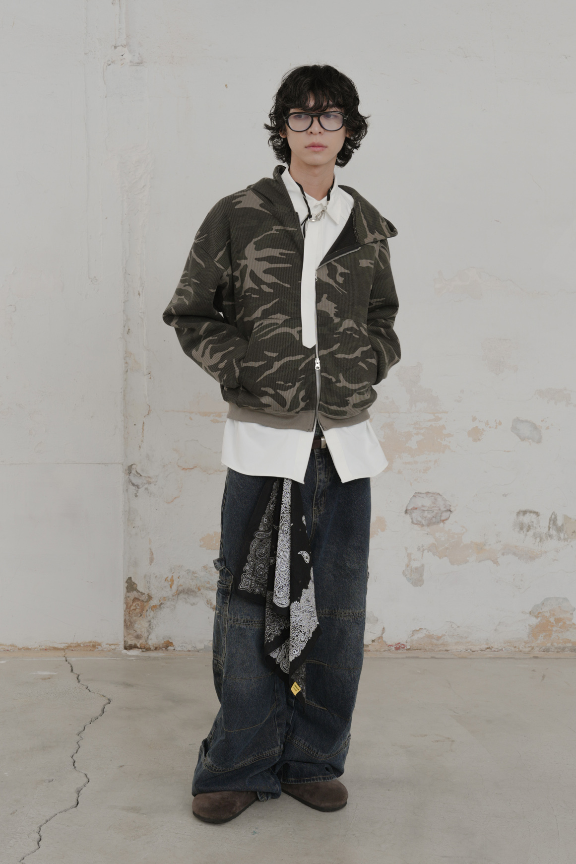 【Unisex】Camo Waffle Hood Zip-Up #外套