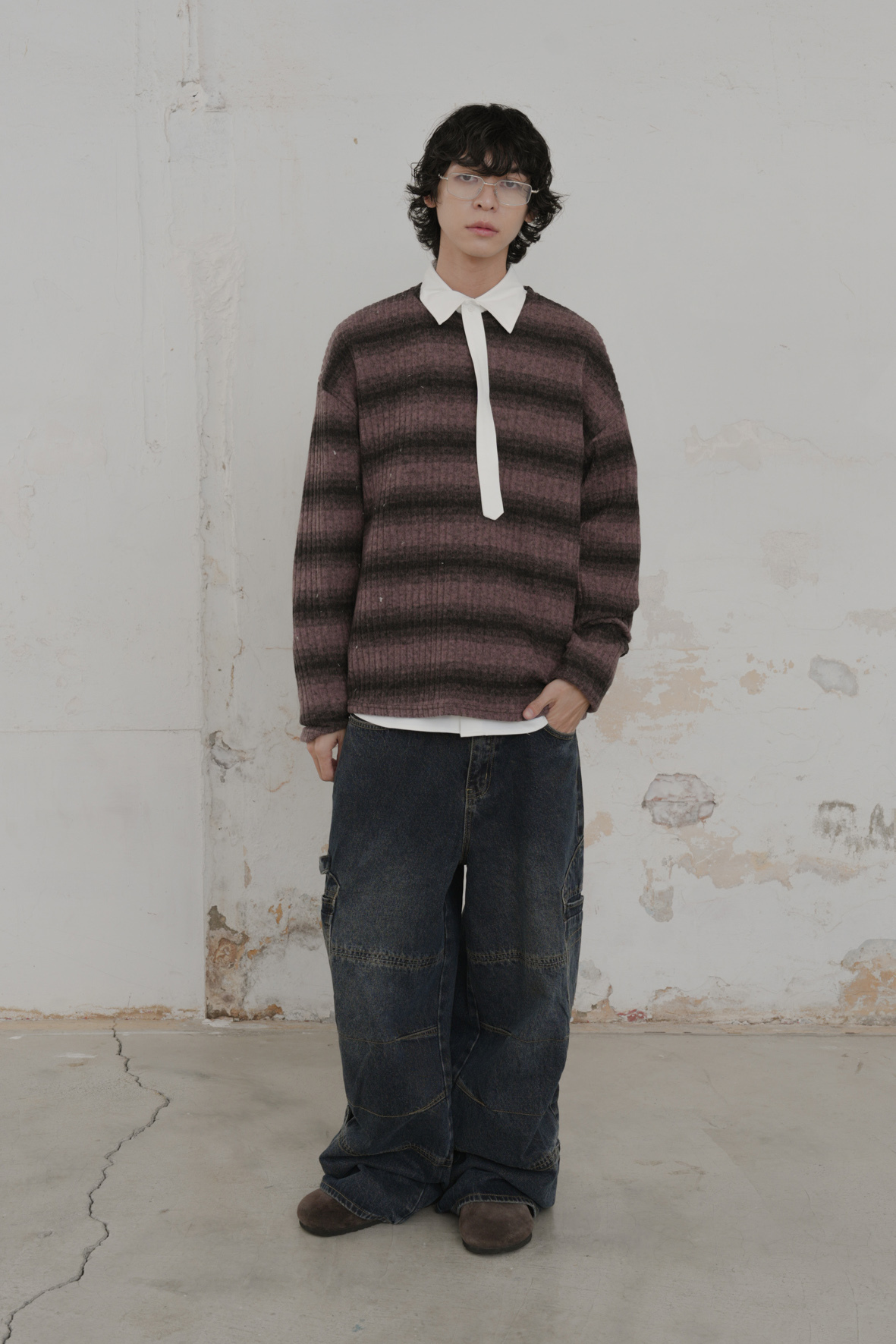 【Unisex】Fleece Ribbed Stripe Long-Sleeve Tee #上衣
