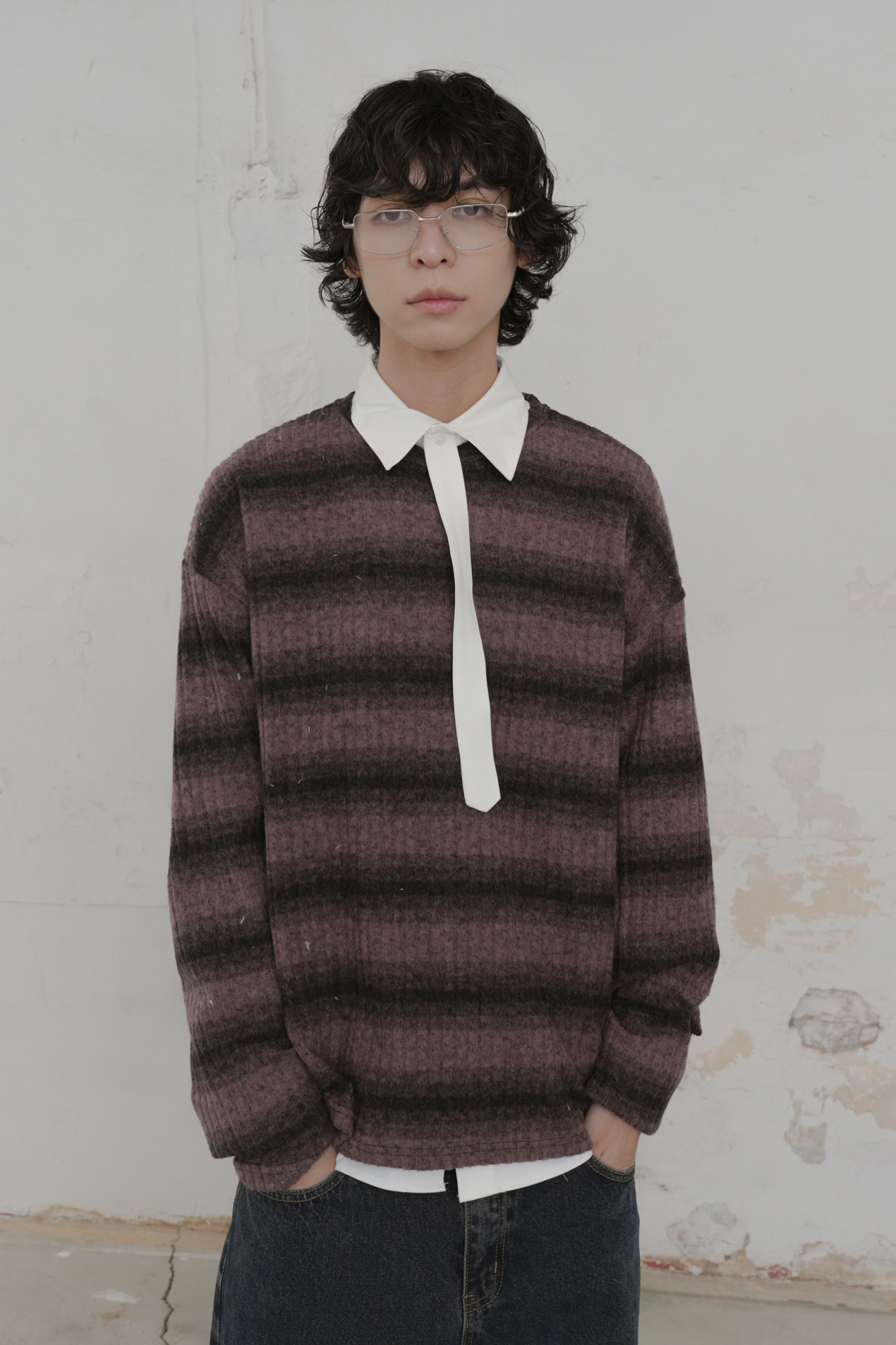 【Unisex】Fleece Ribbed Stripe Long-Sleeve Tee #上衣