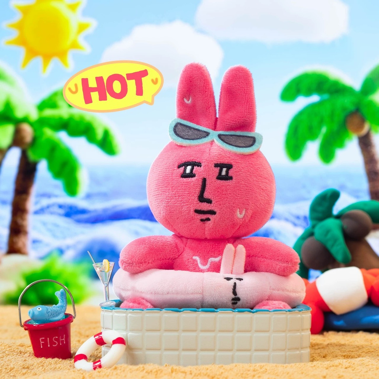 粉紅兔子紅溫泳圈絨毛公仔吊飾