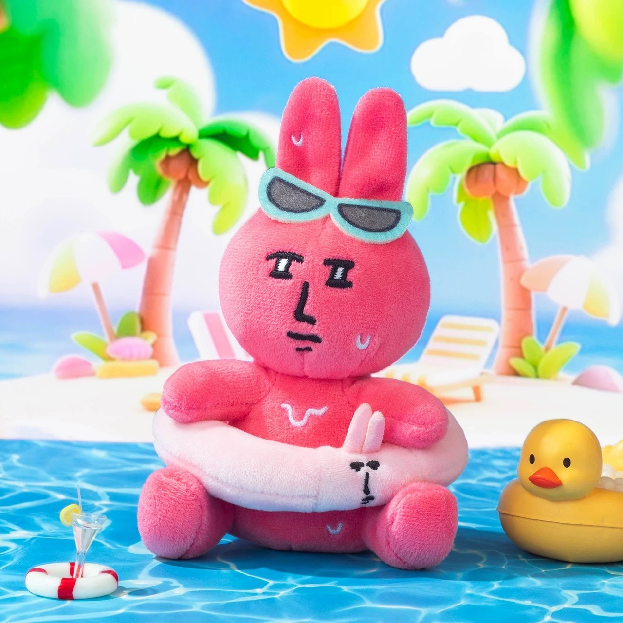 粉紅兔子紅溫泳圈絨毛公仔吊飾