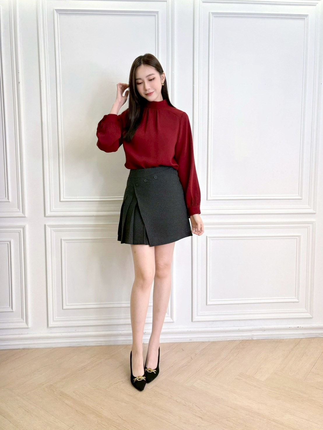 雙釦側翻片百褶短裙