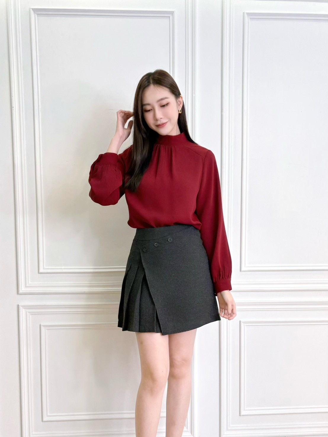 立領領抓褶長袖上衣