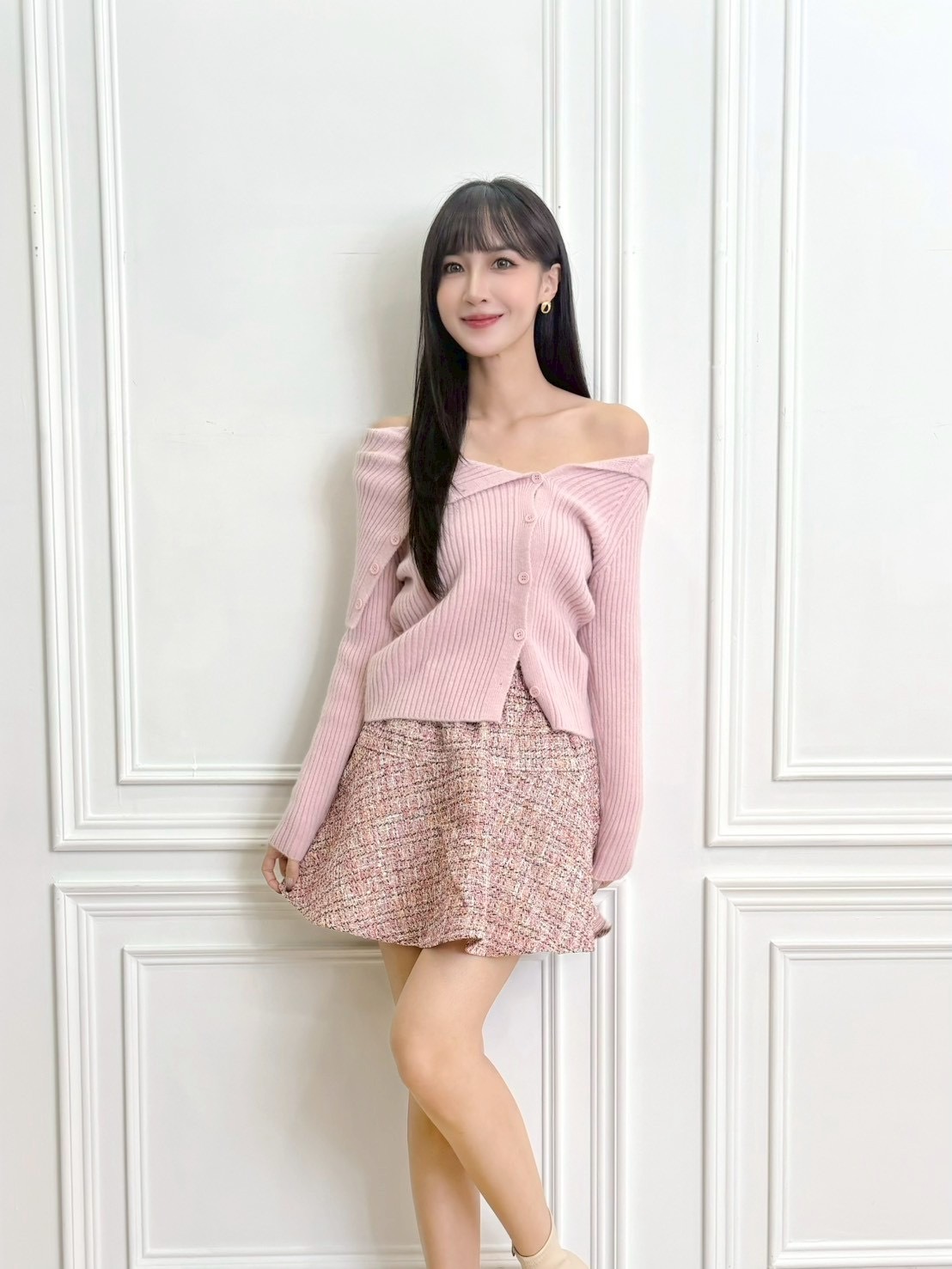 一字領翻領側釦針織上衣