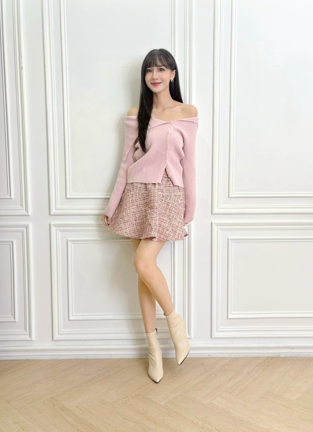 一字領翻領側釦針織上衣