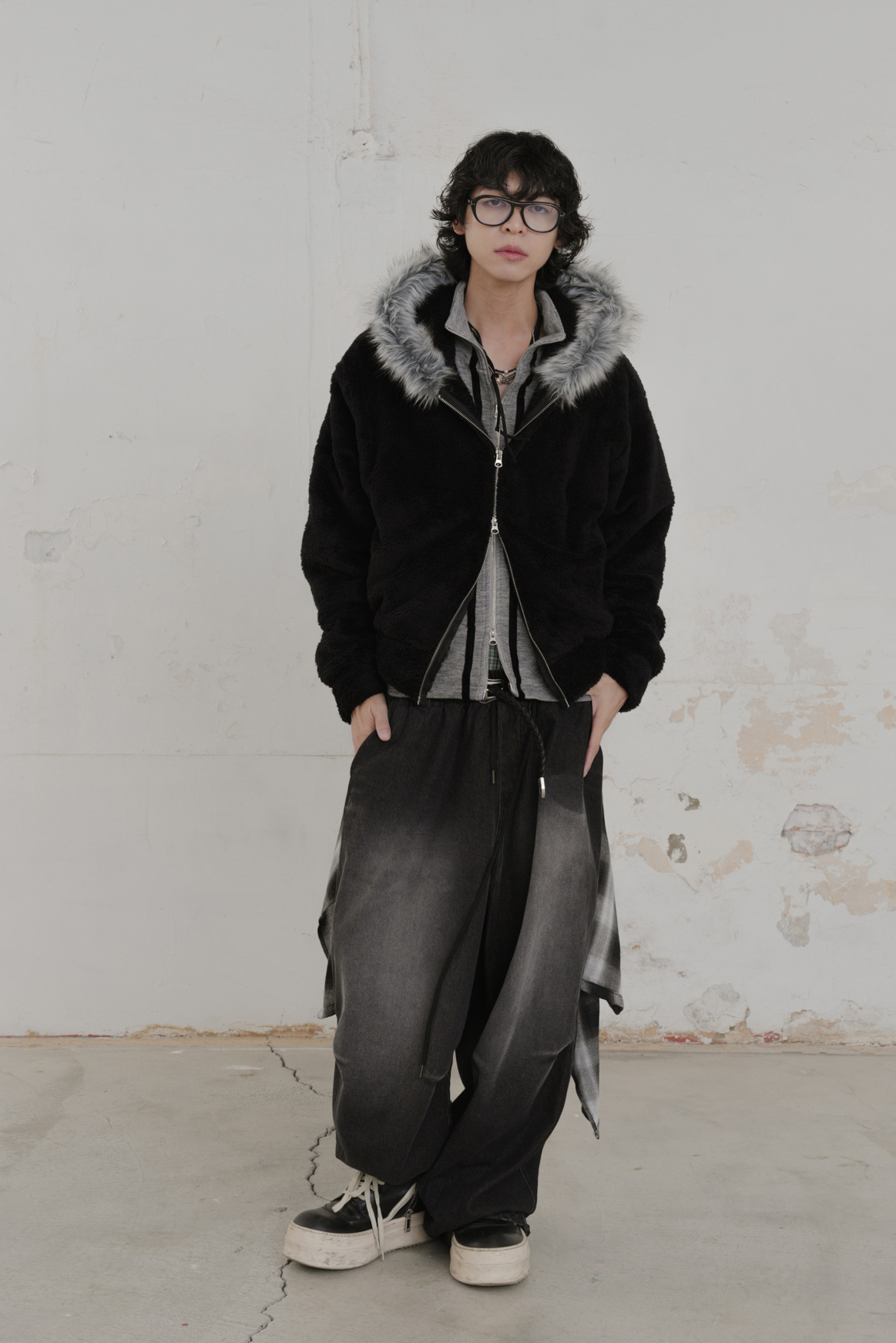 【Unisex】Fur-Trim Hooded Zip-Up Jacket #外套