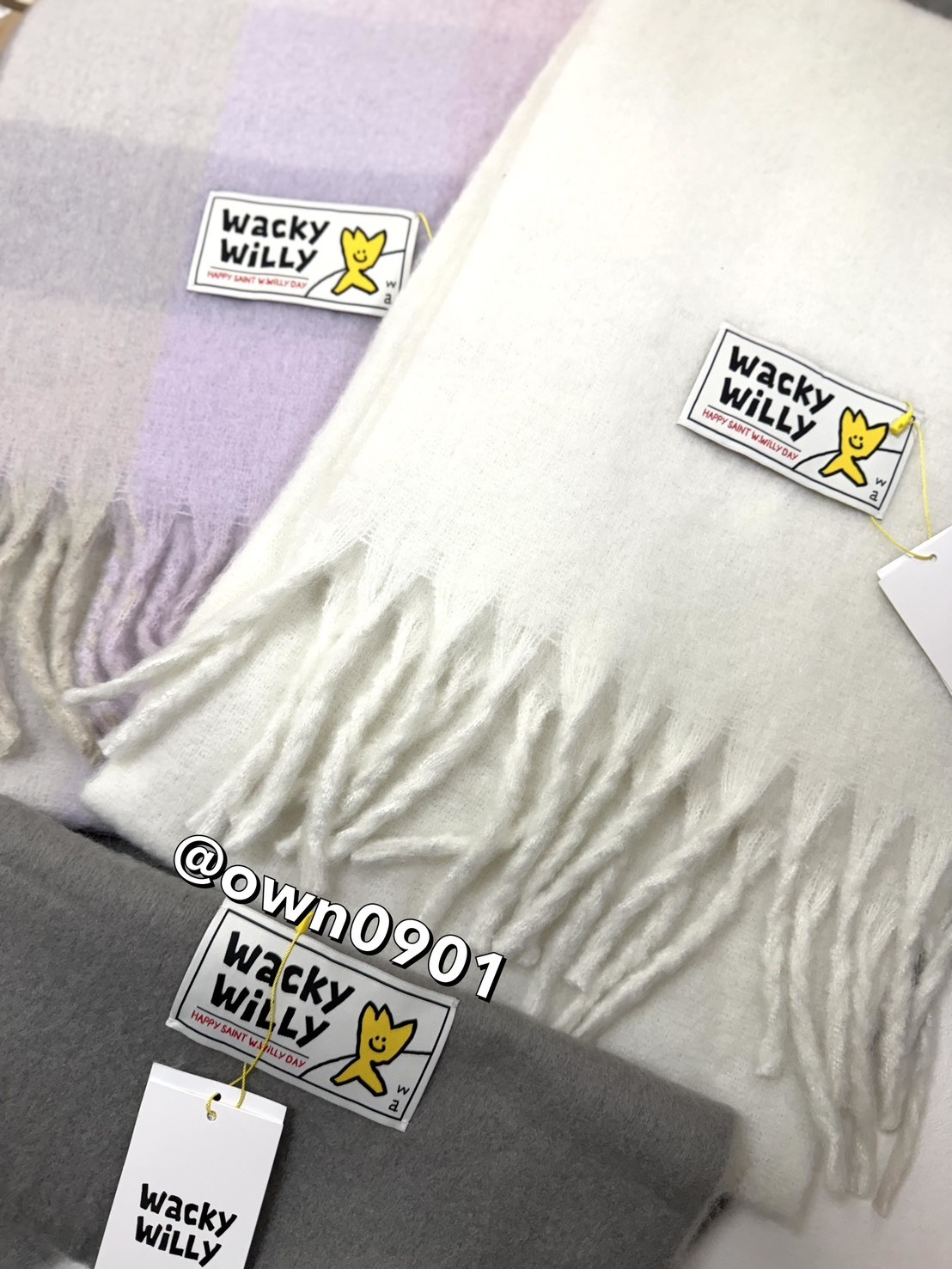 【OWN】Wacky Willy 圍巾 毛毛 保暖 韓系 舒適 柔軟 不分男女 灰色 米白 粉色