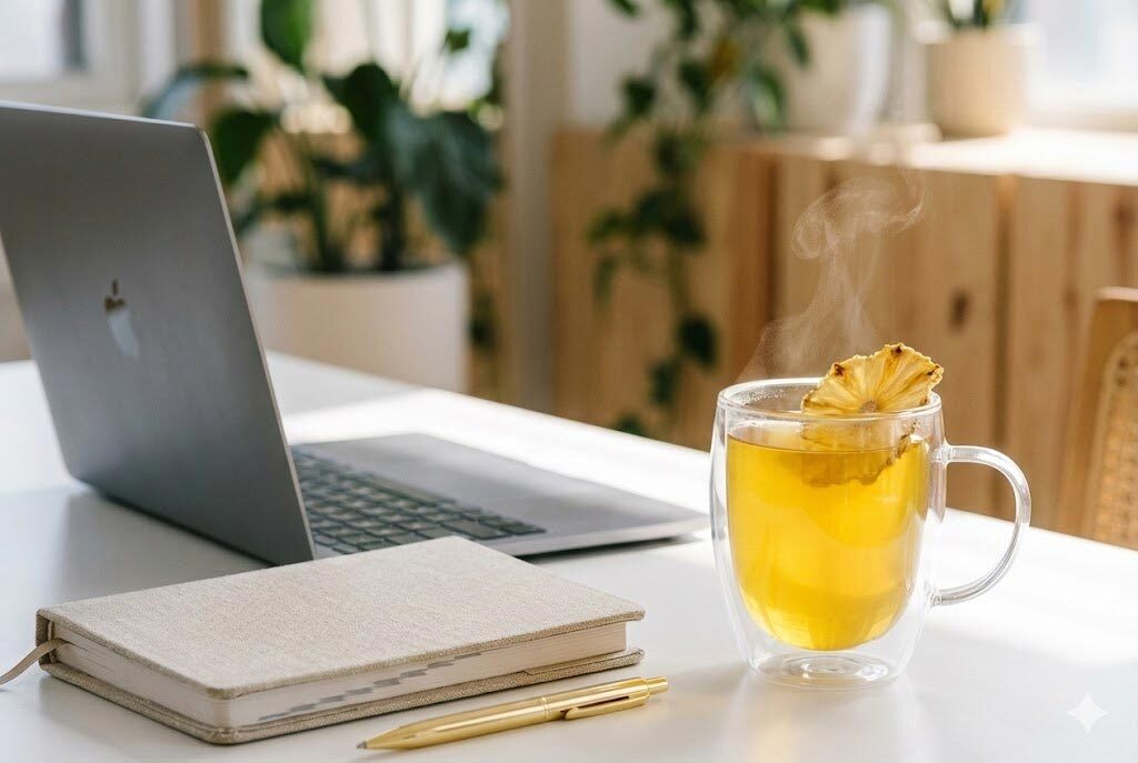 辦公室下午茶情境,白色桌面上放著筆電與一杯金黃色的鳳梨瑪黛茶,適合上班族提神與消水腫的天然茶飲。
