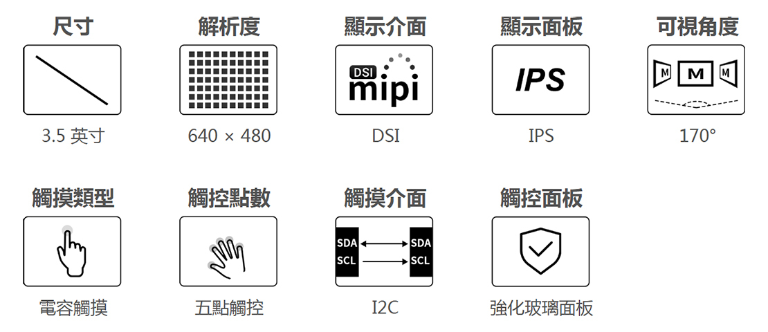 3.5吋 DSI 電容觸控 IPS 顯示模組 640x480,商品特徵