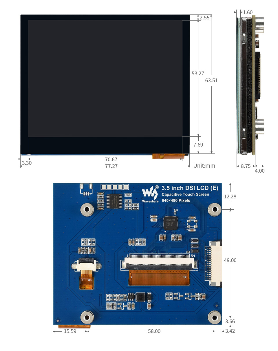 3.5吋 DSI 電容觸控 IPS 顯示模組 640x480,尺寸規格