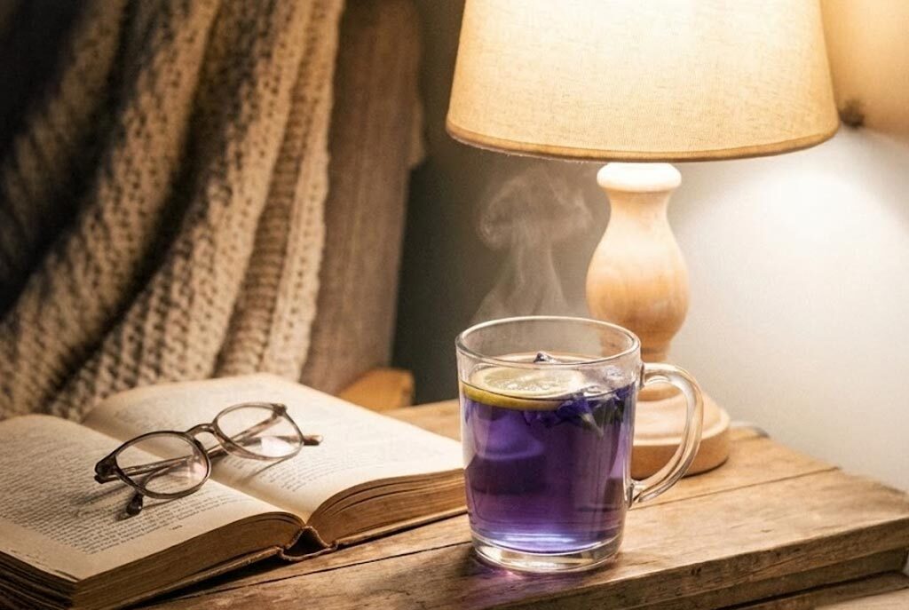 睡前放鬆儀式感,床頭燈下的一杯紫色蝶豆花檸檬茶,強調無咖啡因助眠與美容保養功效。