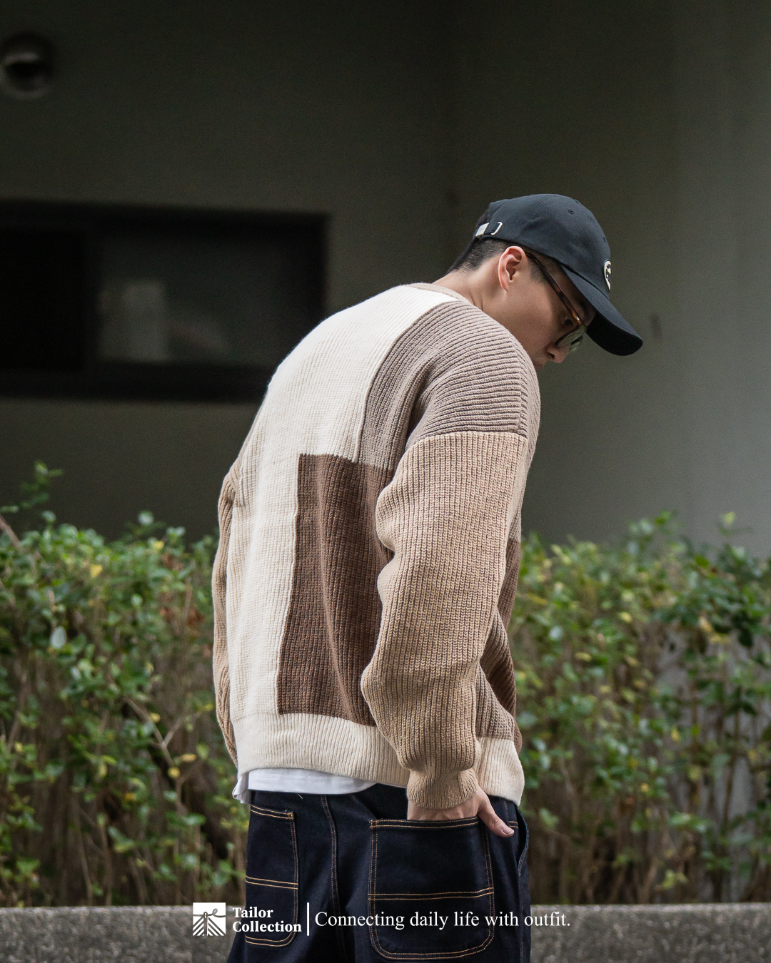 #現貨+預購 Tailor collection 拼接設計針織圓領毛衣 卡其