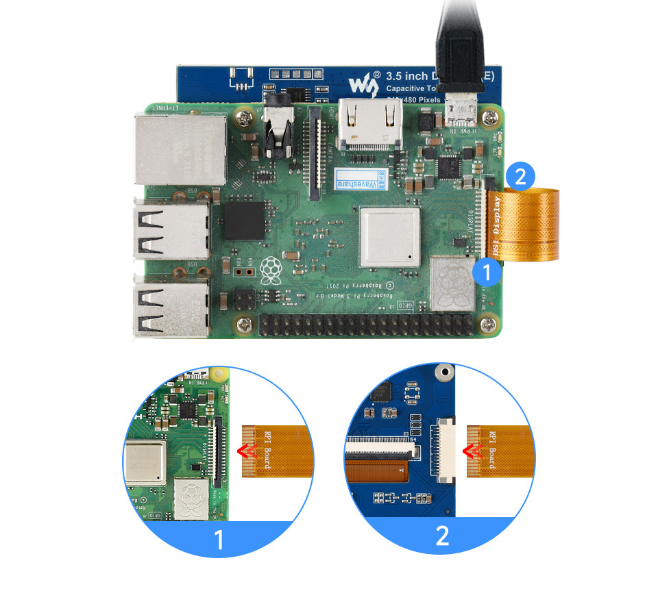 3.5吋 DSI 電容觸控 IPS 顯示模組 640x480,連接 Pi 3B+
