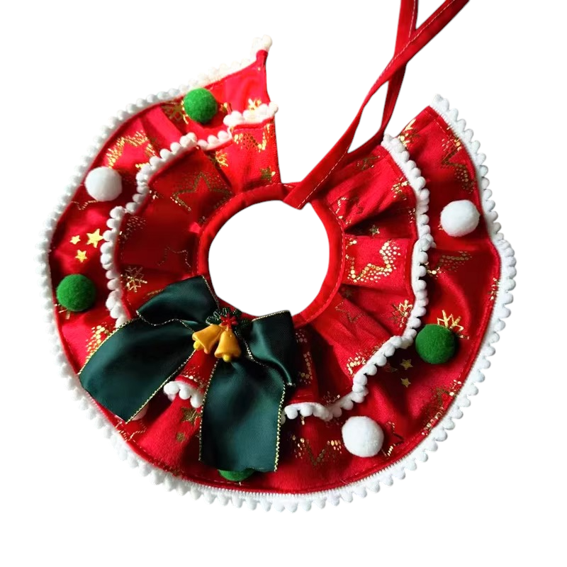 寵物花邊蝴蝶結聖誕圍巾 - 紅色