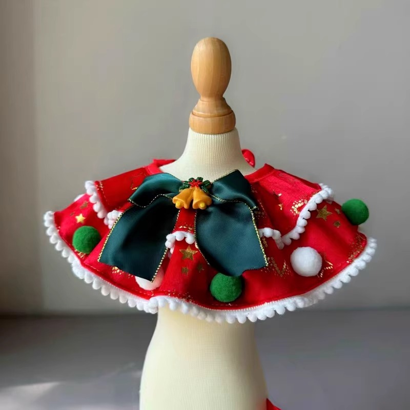 寵物花邊蝴蝶結聖誕圍巾 - 紅色