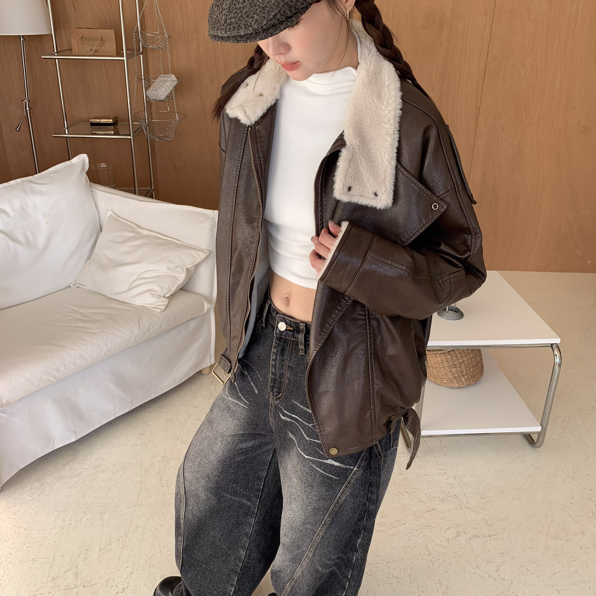 ISA_韓女時髦秋冬! 必備拼接刷絨機車皮夾克_51135