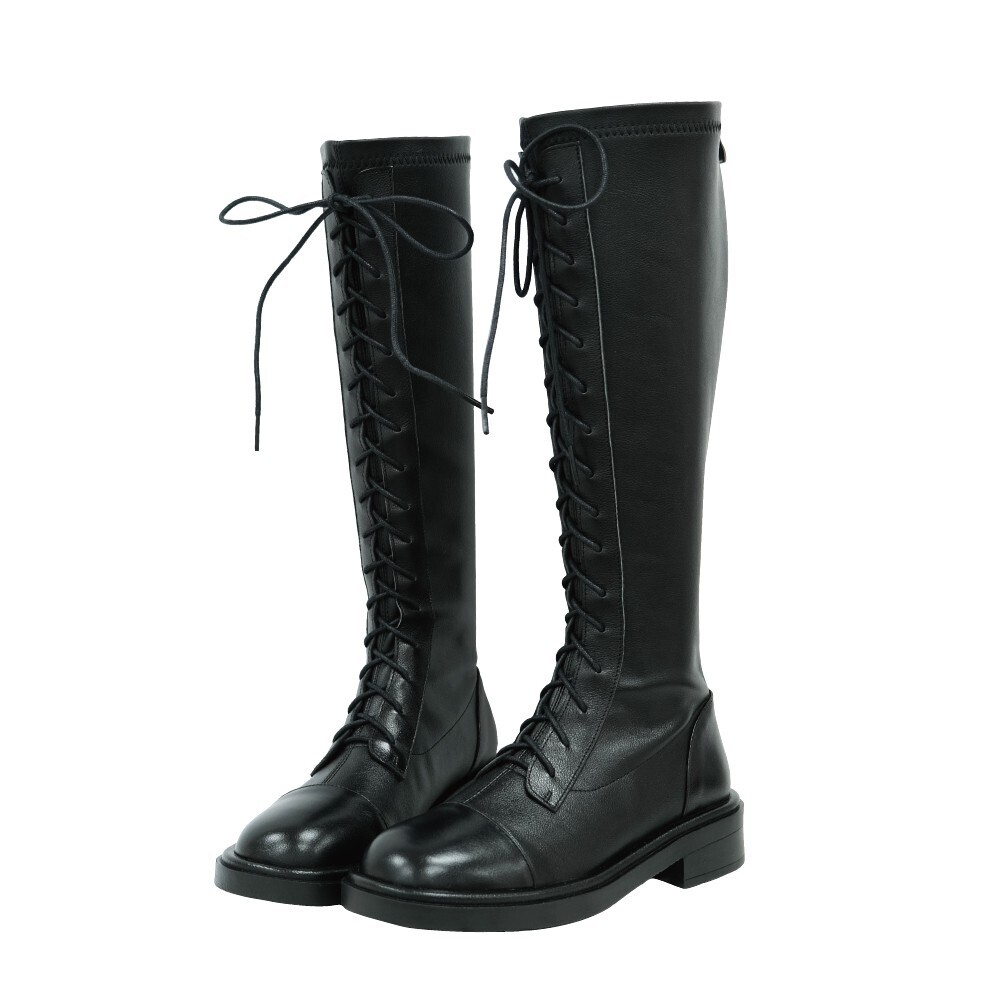 經典方頭低跟綁帶長靴 -2色